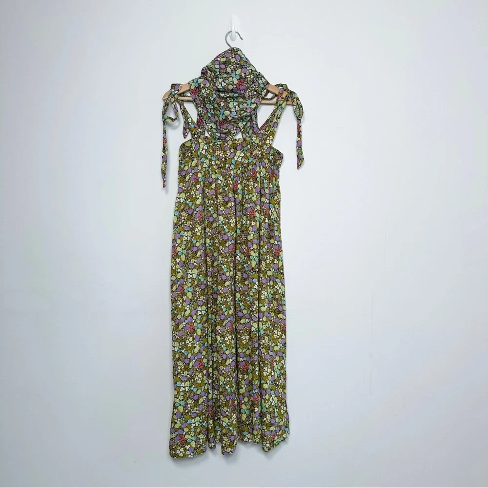 Vintage Handmade Midi Dress Size UK 6 XS Green Floral Trapeze Sleeveless - Picture 10 of 13
